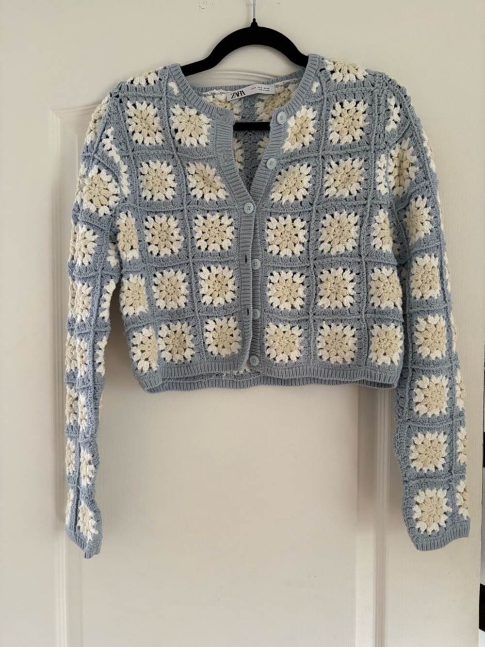 Zara Light Blue and Cream Crochet Square Cardigan